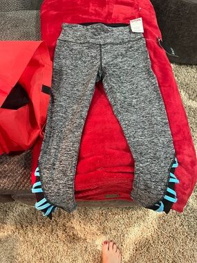 VOGO Athletica Grey Marled Leggings with Blue Ladder Trim